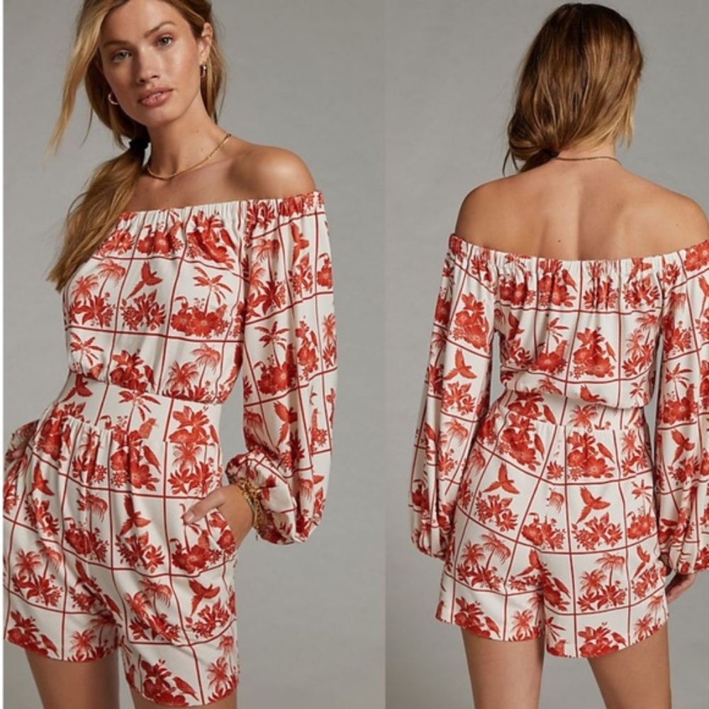 NWT FARM Rio Anthropologie Boho Floral Animal Print Romper Red White Large